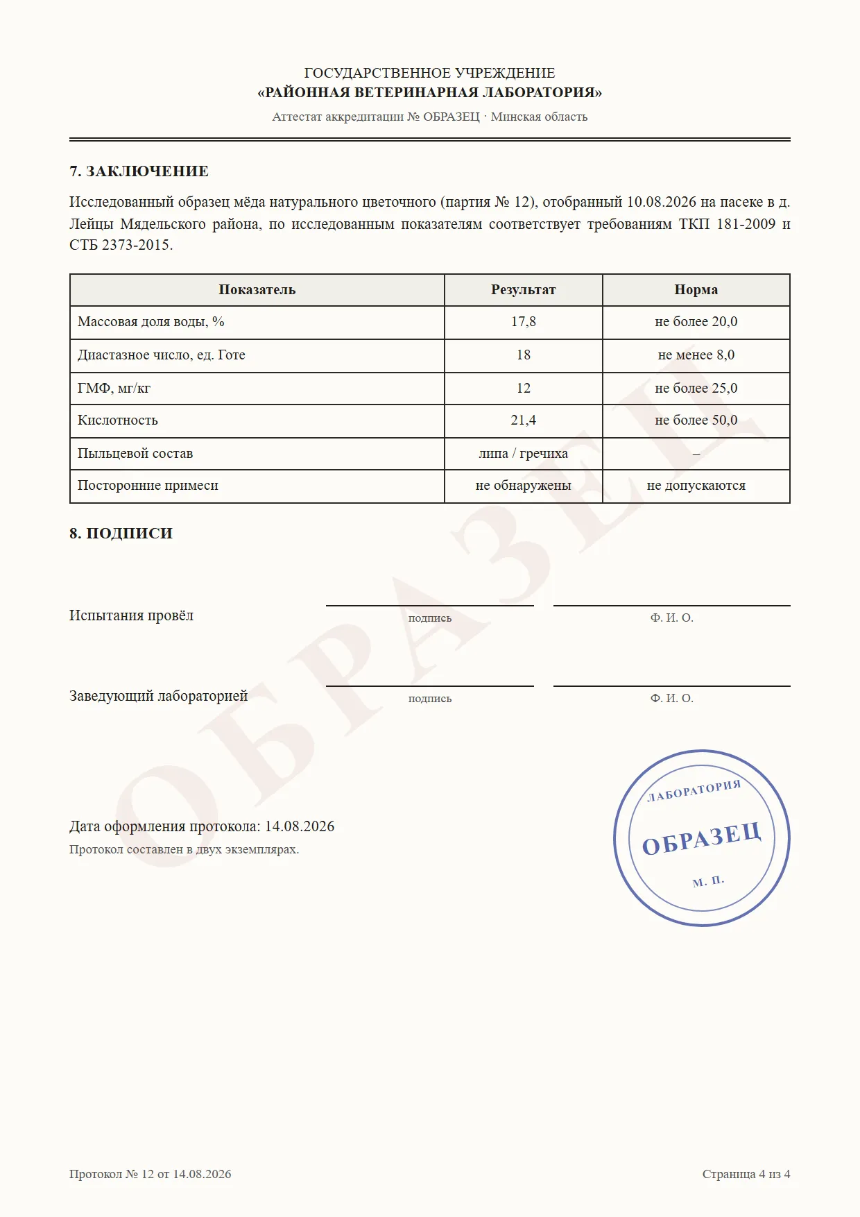 Протокол лабораторного анализа мёда, страница 4 с подписями и печатями
